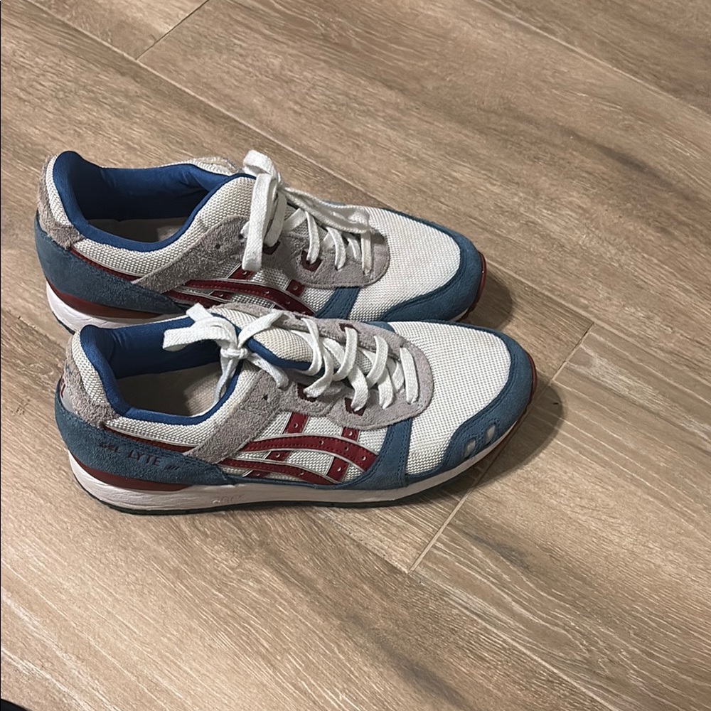 Asics White, Blue, and Red Sneakers